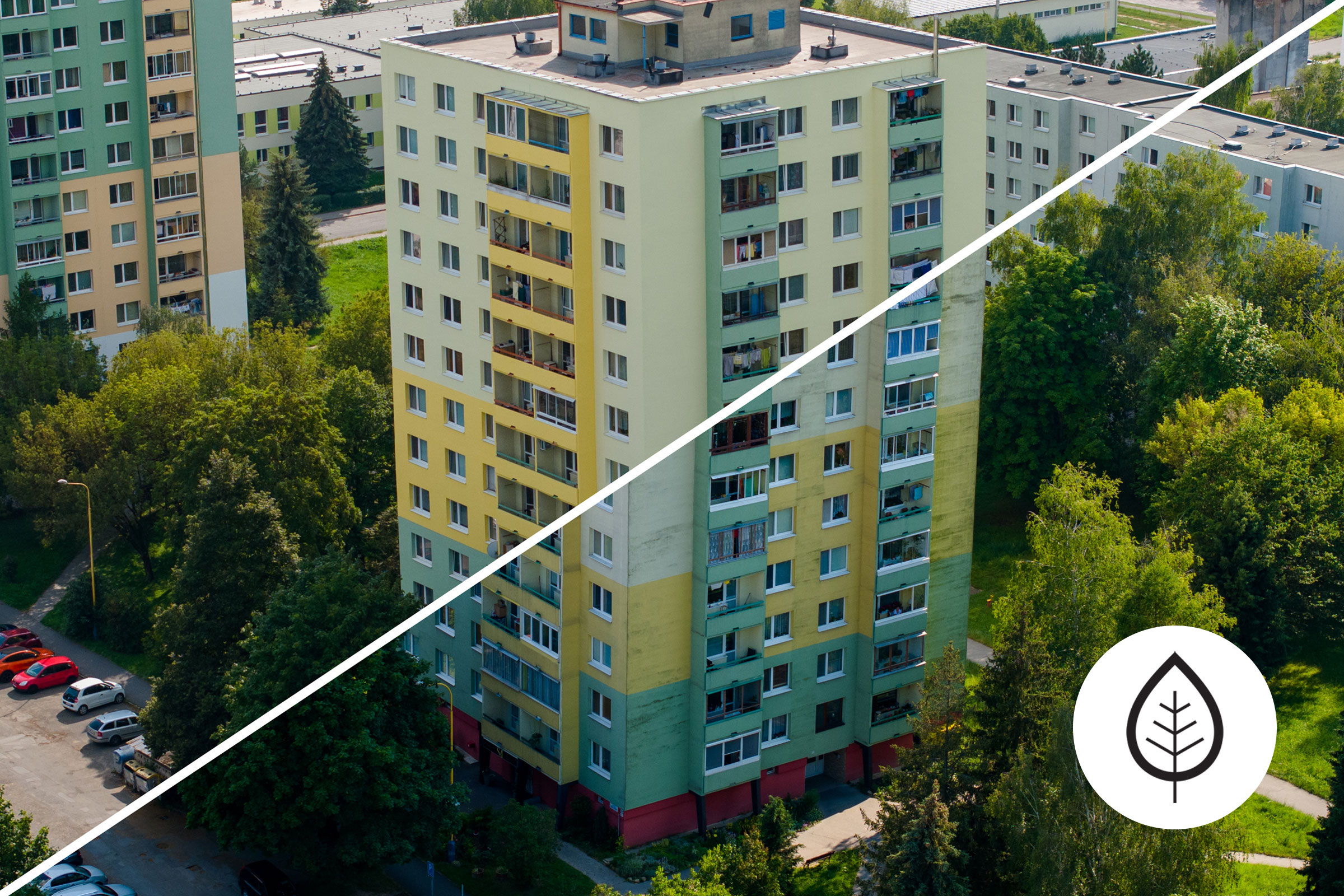 Porovnání domu v Prešově - před a po revitalizaci fasády s použitím nátěru StoColor Lotusan AimS.