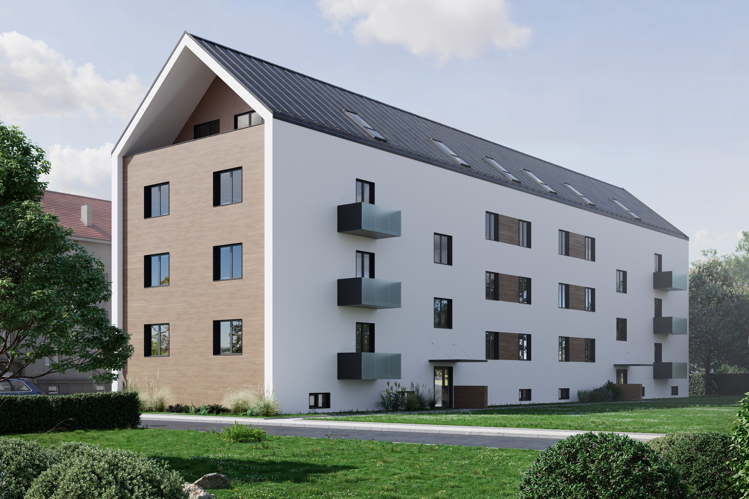 Návrh bytového domu s použitím světlé omítky a dřevěného dekoru StoCleyer W