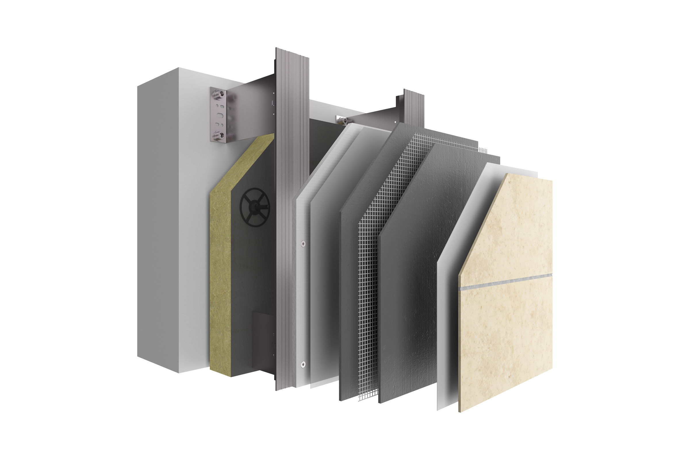 Skladba provětrávaného fasádního systému StoVentec S kamenným obkladem