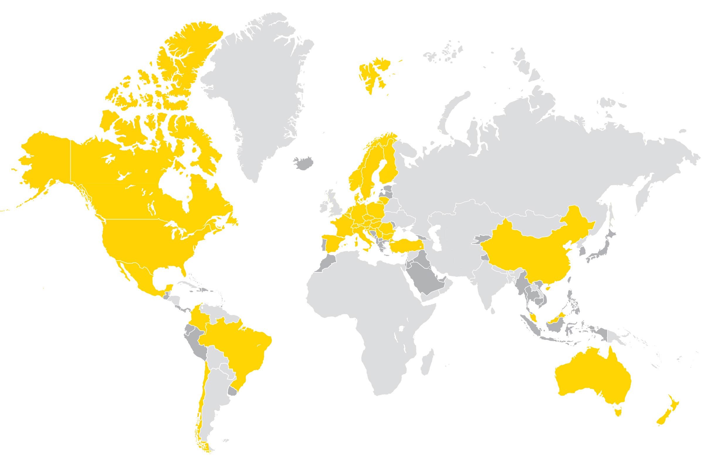 Mapa světa se žlutým a šedým zvýrazněním ukazuje, kde je Sto po celém světě zastoupeno.