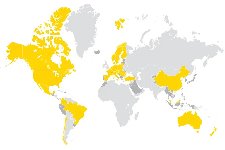 Mapa světa se žlutým a šedým zvýrazněním ukazuje, kde je Sto po celém světě zastoupeno.