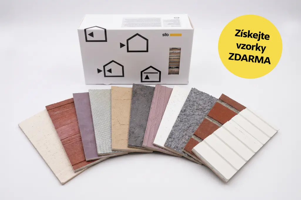 Alt text: Box vzorků materiálů Sto pro fasády a interiéry